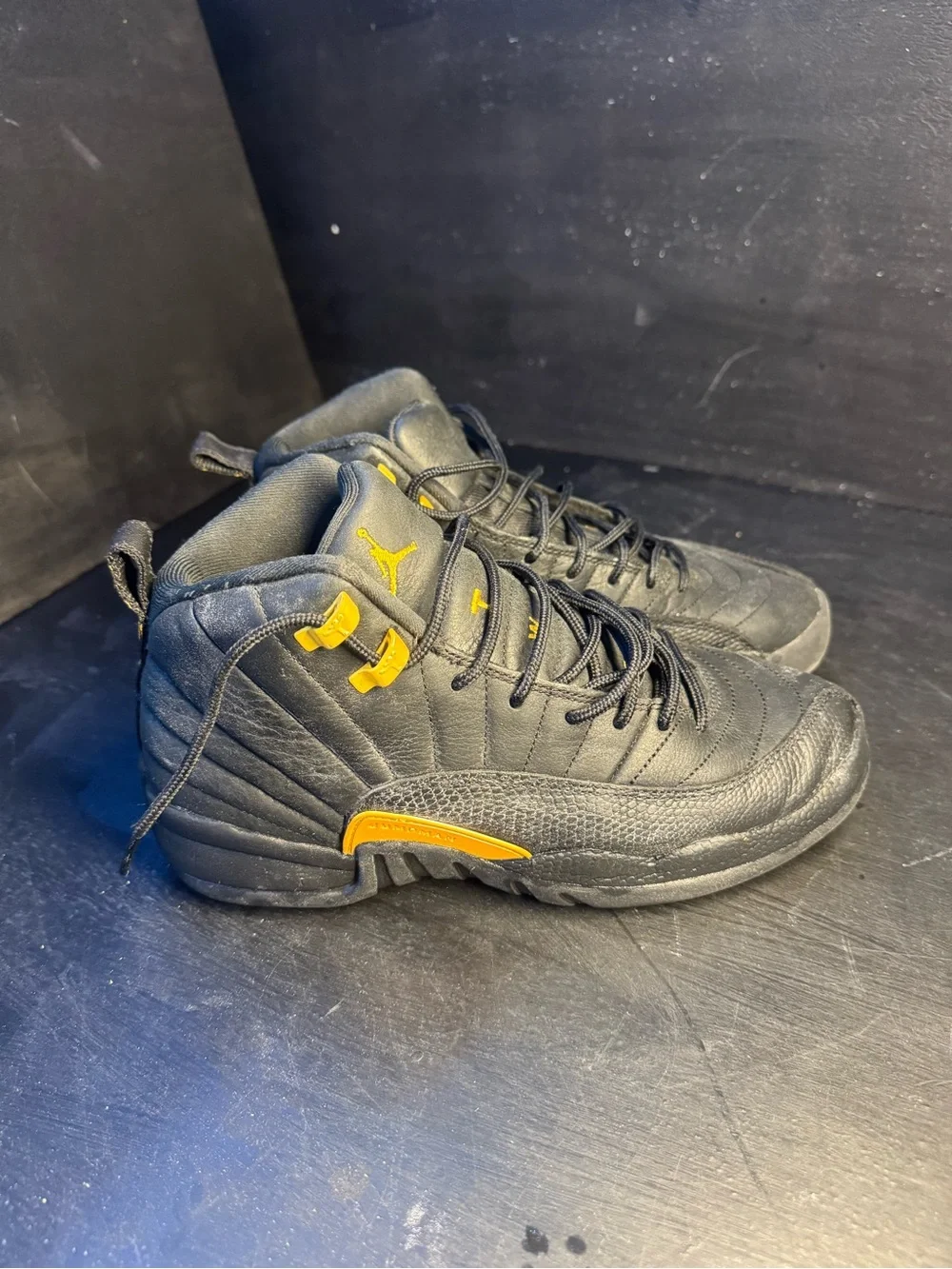Jordan 12 men Black Sneakers with Yellow Accents